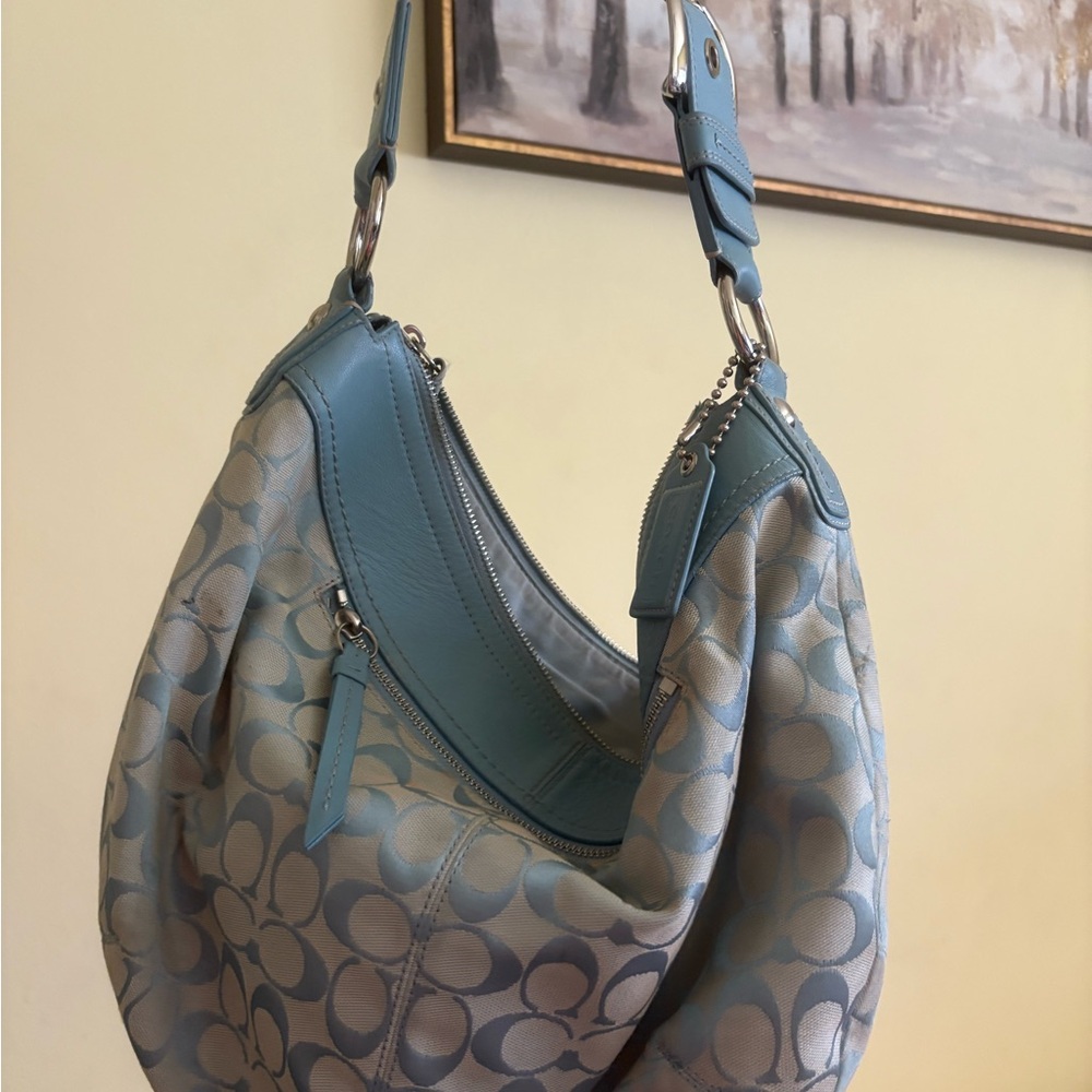 Coach Light Blue and Gray Patterned Hobo Bag